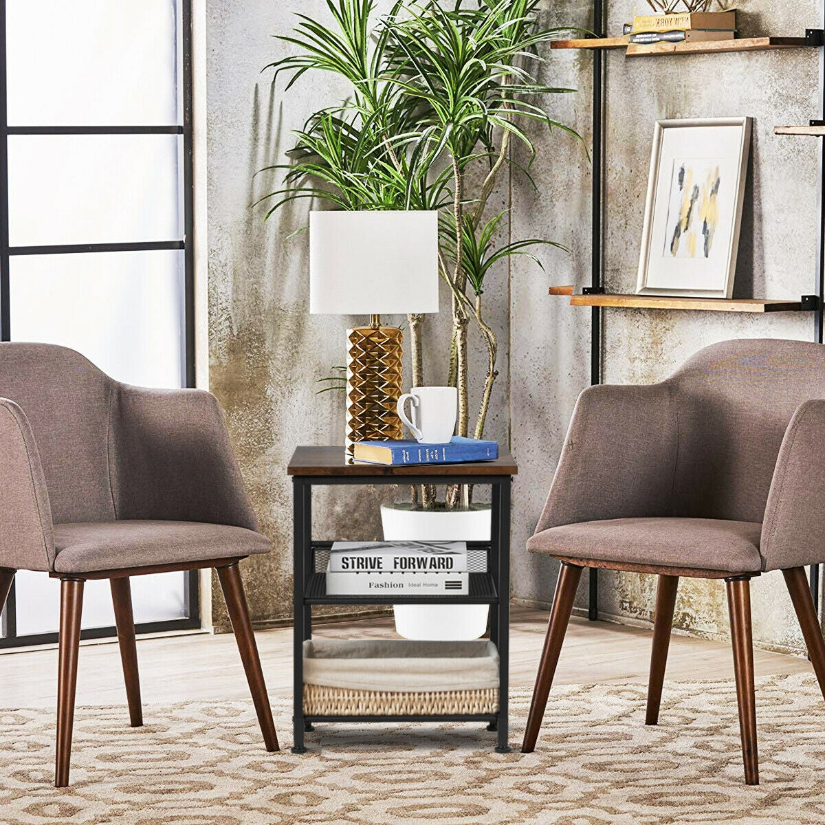 3-Tier Industrial End Table, Mesh Shelves, Adjustable Shelves, Rustic Brown End & Side Tables at Gallery Canada