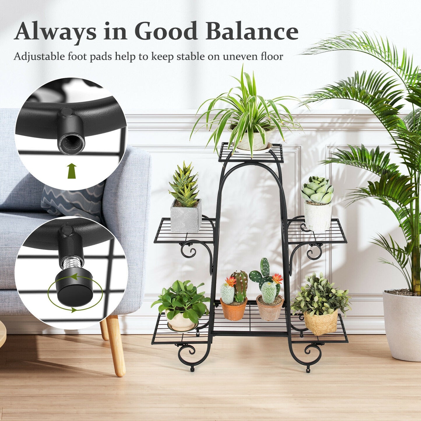 6-Tier Plant Stand, Adjustable Foot Pads, Black