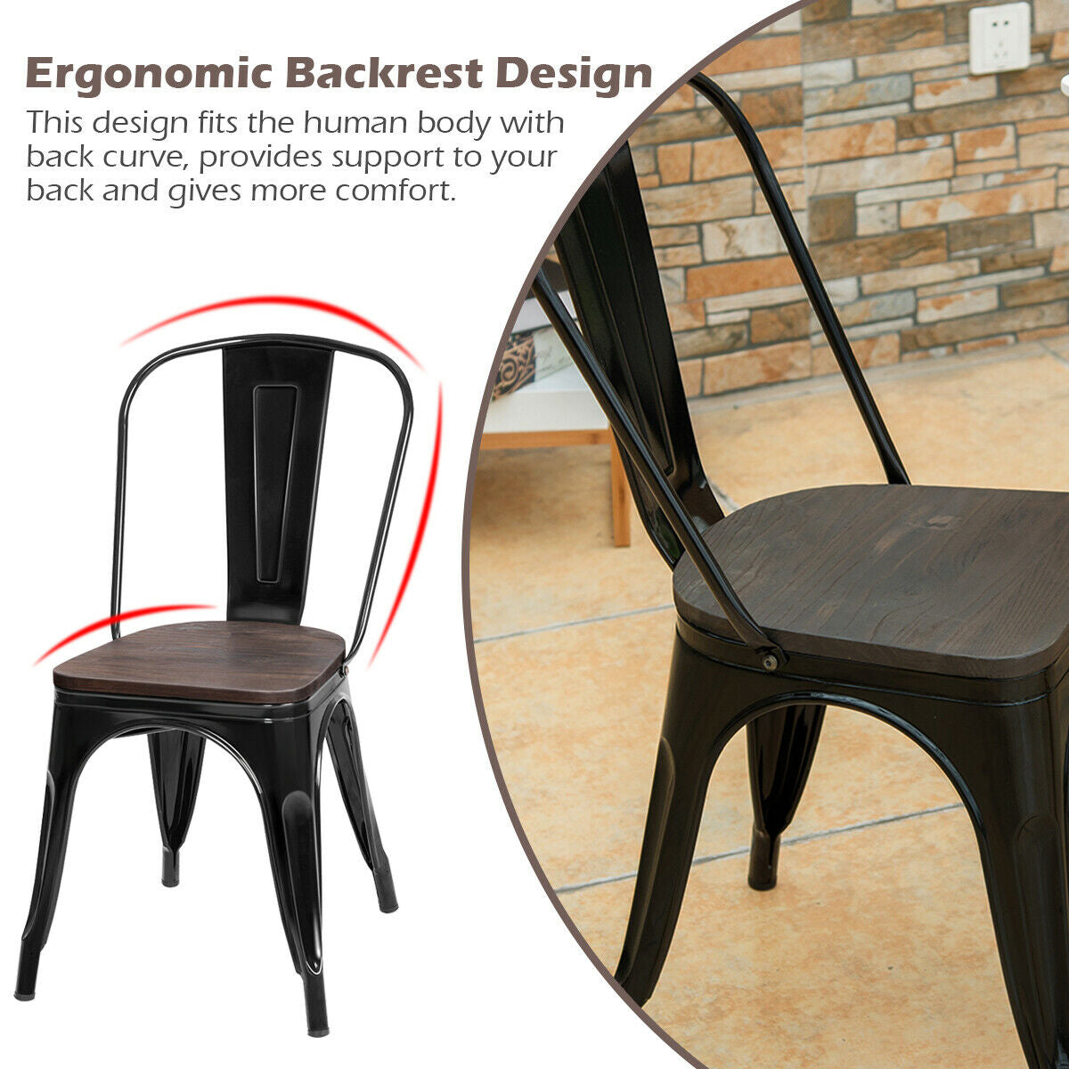 18 Inch Stackable Metal Wood Dining Chair, Set of 4, Black Dining Chairs at Gallery Canada
