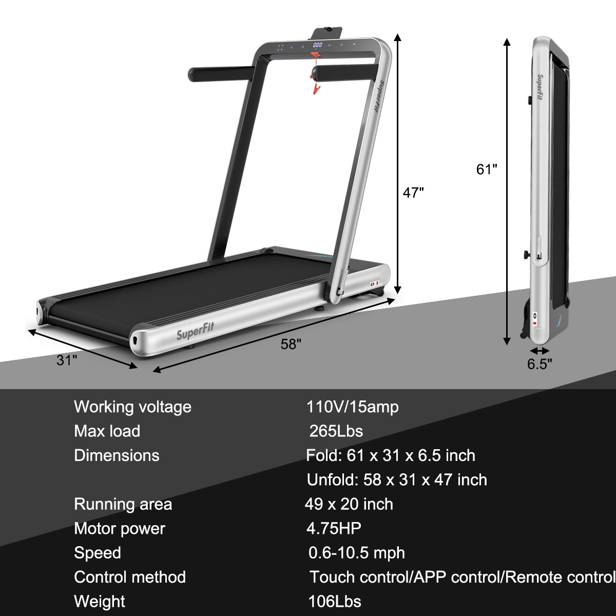4.75HP 2 In 1 Folding Treadmill with Remote APP Control, Silver Treadmills at Gallery Canada