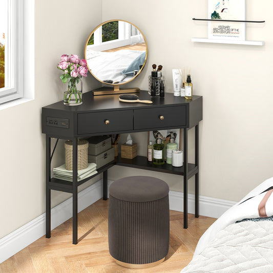 Triangle Corner Desk, Charging Station, 2 Drawers, Storage Shelf, Black Corner Desks Black at Gallery Canada