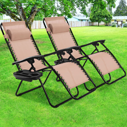 2 Pieces Folding Lounge Chair with Zero Gravity - Beige, Beige