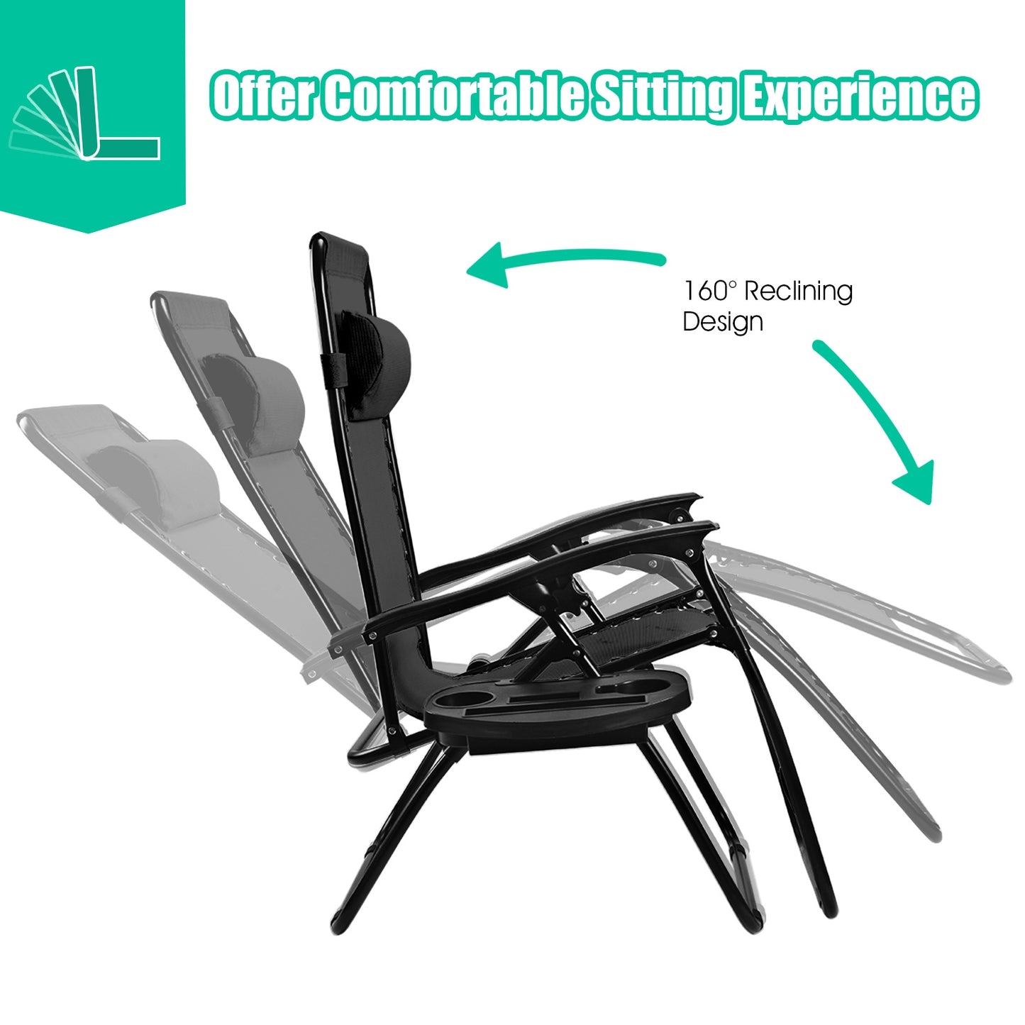 2 Pieces Folding Lounge Chair with Zero Gravity - Black, Black Beach & Lawn Chairs at Gallery Canada