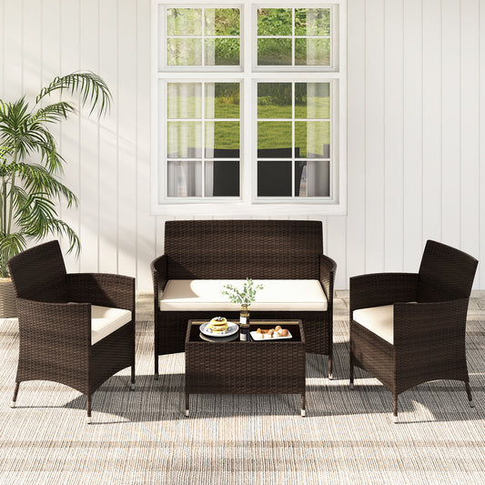 4 Pieces Comfortable Outdoor Rattan Sofa Set with Glass Coffee Table, Light Brown