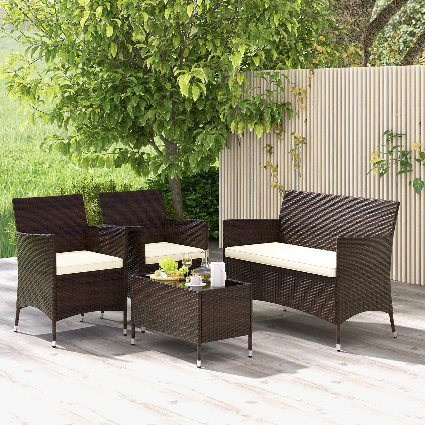 4-Piece Outdoor Rattan Sofa Set, Glass Coffee Table, Light Brown