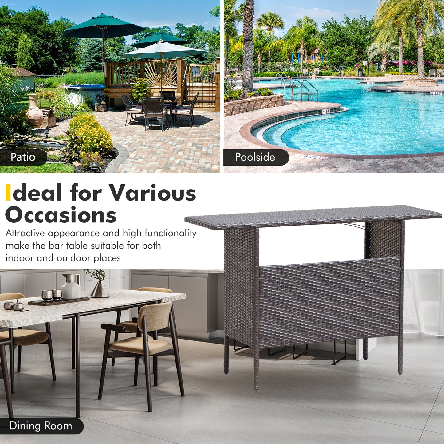 Outdoor Wicker Bar Table With 2 Metal Mesh Shelves, Brown Patio Bar Furniture at Gallery Canada