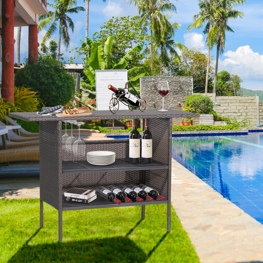 Outdoor Wicker Bar Table With 2 Metal Mesh Shelves, Brown Patio Bar Furniture Brown at Gallery Canada