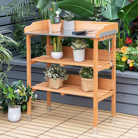 Garden Wooden Potting Bench Work Station with Hook, Brown Potting Benches & Tables Brown at Gallery Canada