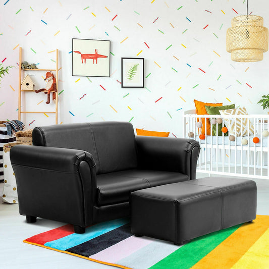 White Kids Double Sofa With Ottoman, Black