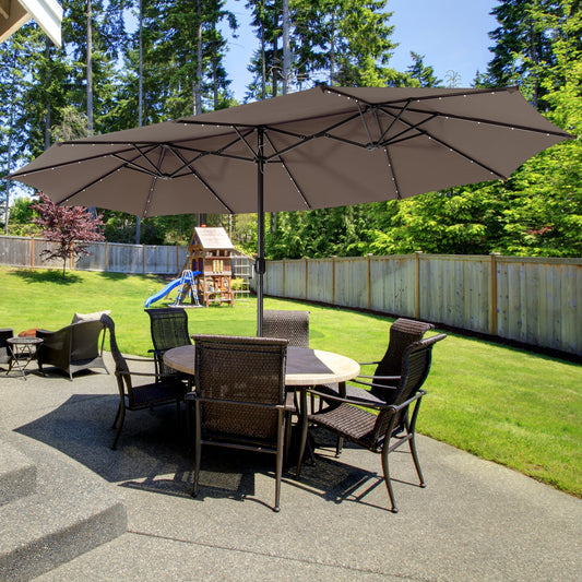 15 Feet Twin Patio Umbrella, 48 Solar LED Lights, Light Brown Outdoor Umbrellas Light Brown at Gallery Canada