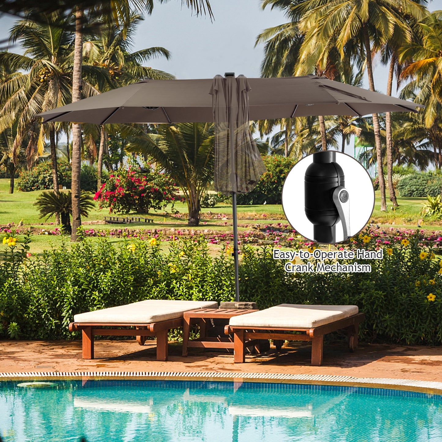15 Feet Twin Patio Umbrella, 48 Solar LED Lights, Light Brown Outdoor Umbrellas at Gallery Canada