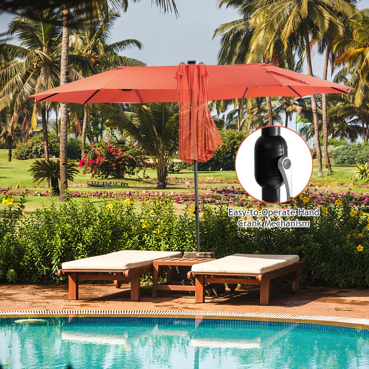 15 Feet Twin Patio Umbrella, 48 Solar LED Lights, Orange Outdoor Umbrellas at Gallery Canada
