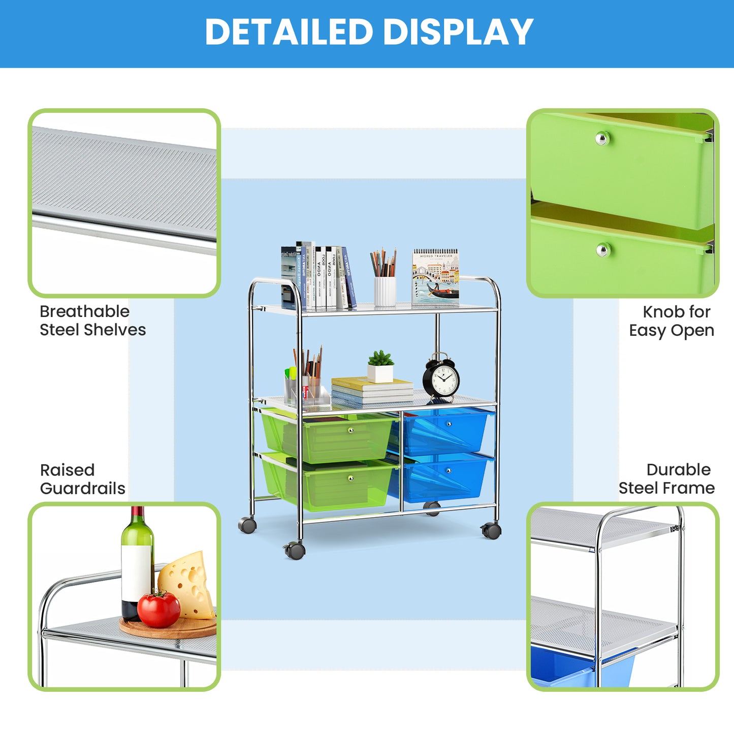 4 Drawer Rolling Storage Cart Rack, Green, Blue File Cabinets at Gallery Canada