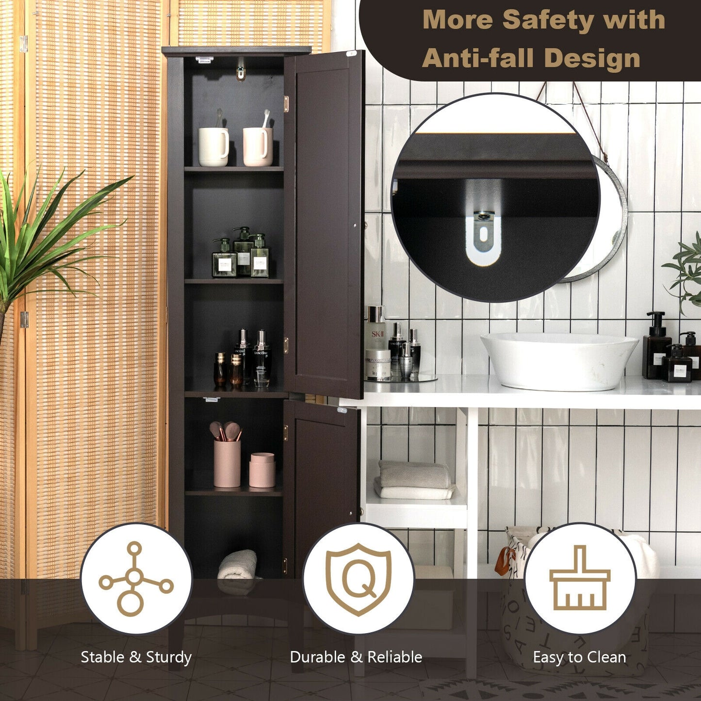 Freestanding Bathroom Storage Cabinet for Kitchen and Living Room, Brown Floor Cabinets at Gallery Canada