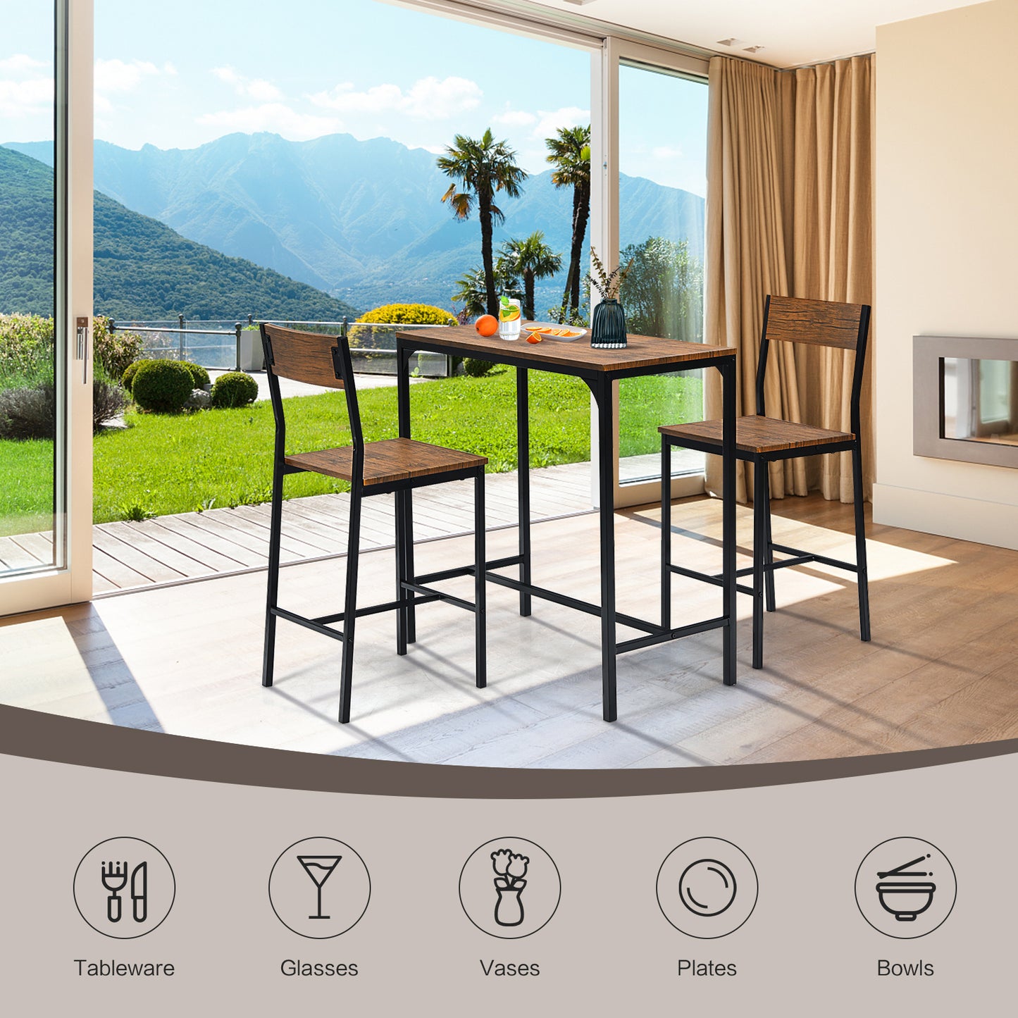 3 Pieces Bar Table Set with 2 Stools, Black Patio Bar Furniture at Gallery Canada