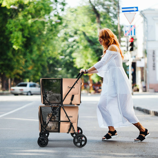 4-In-1 Double Pet Stroller, Detachable Carrier, Travel Carriage, Beige