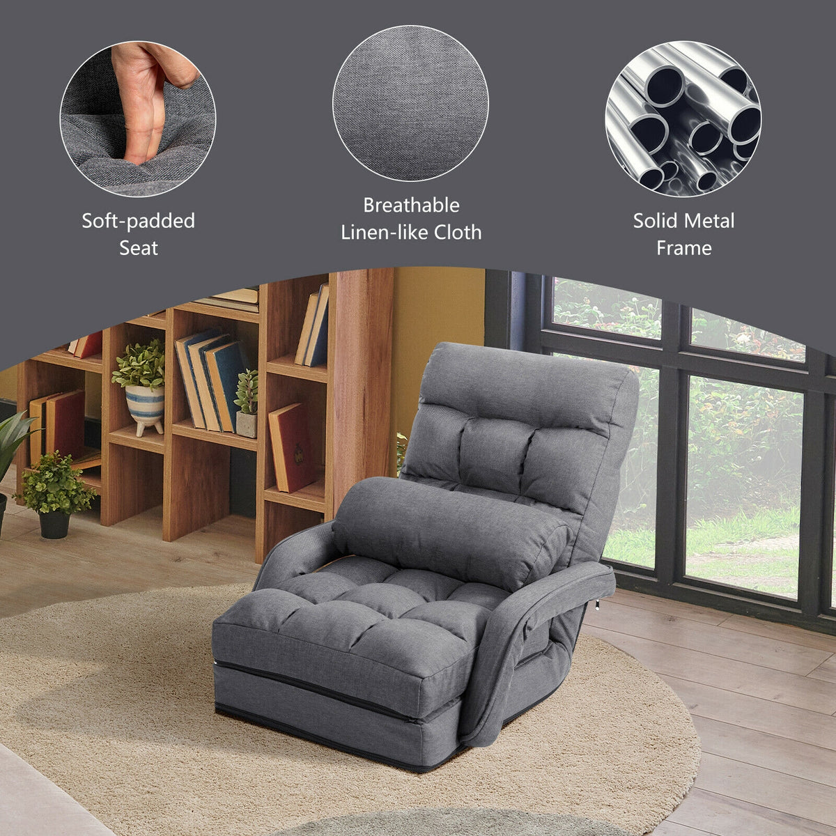 Folding Lazy Floor Chair Sofa With Armrests And Pillow, Gray Floor Chairs at Gallery Canada