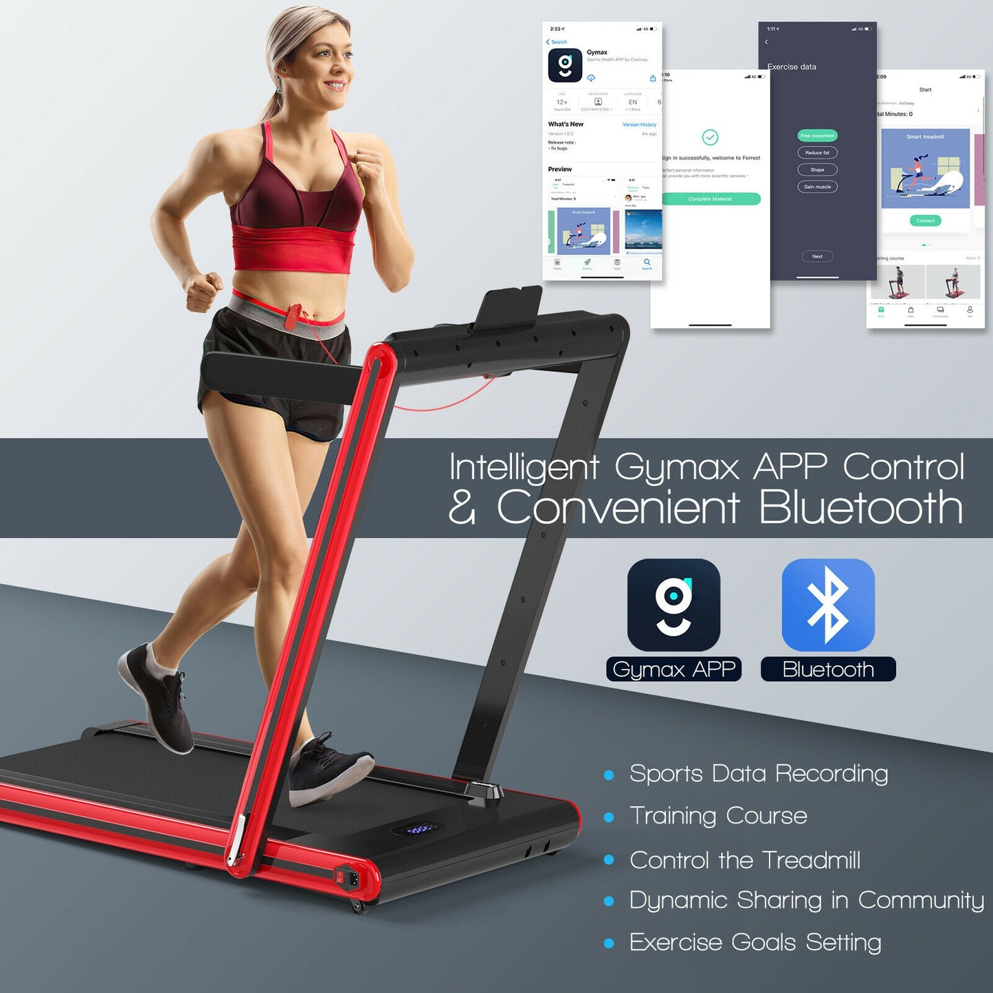 2-in-1 Folding Treadmill 2.25HP Jogging Machine with Dual LED Display, Red Treadmills at Gallery Canada