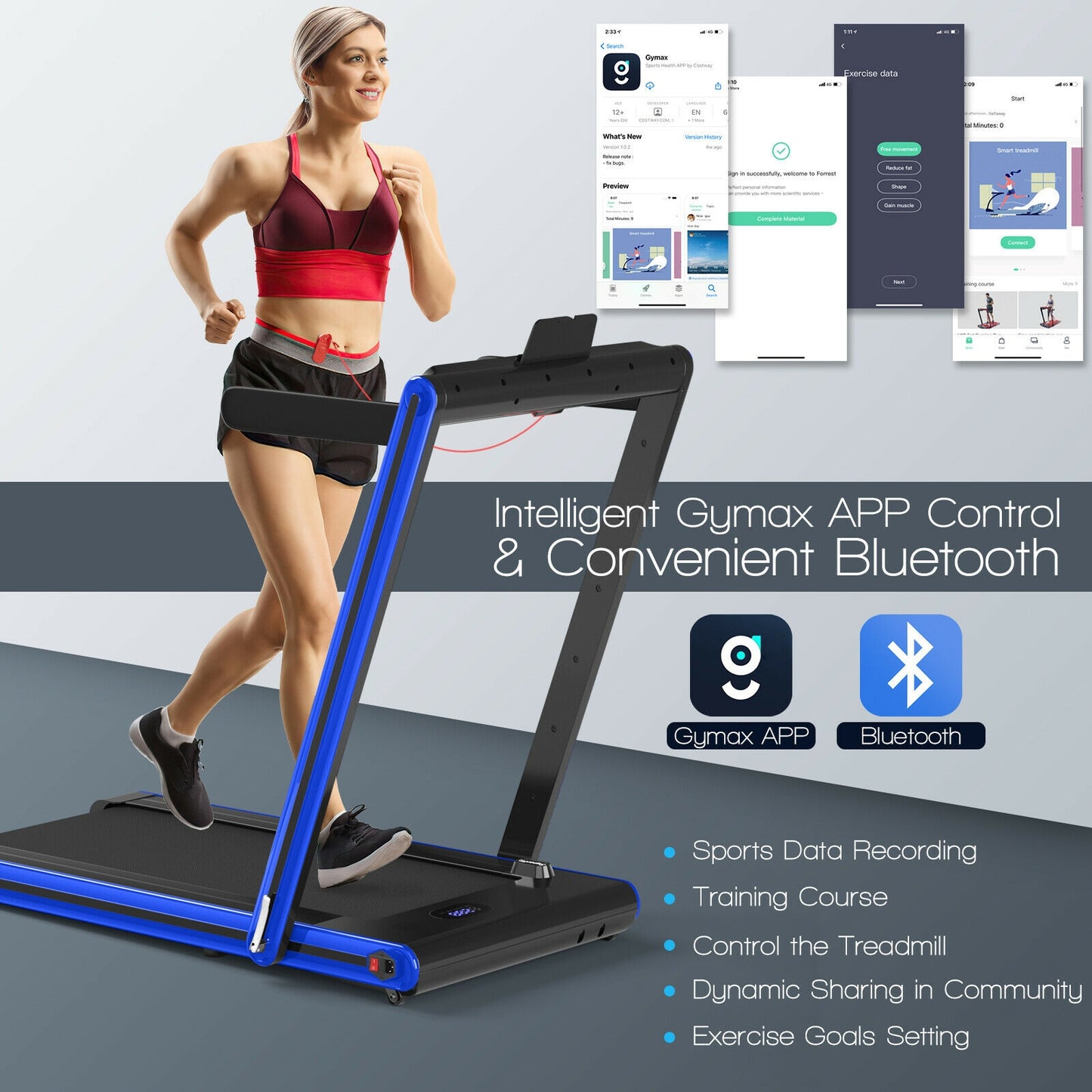2-in-1 Folding Treadmill 2.25HP Jogging Machine with Dual LED Display, Navy Treadmills at Gallery Canada