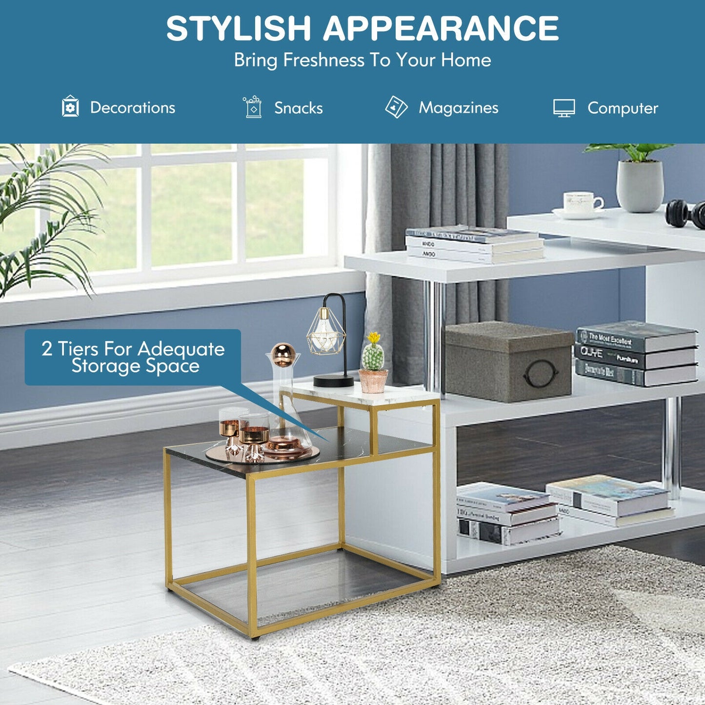 2 Tier End Side Table With Metal Frame, Storage Shelf, White End & Side Tables at Gallery Canada