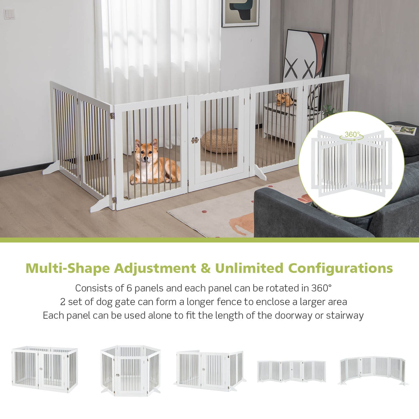 Barrière pour chien autoportante à 6 panneaux, pour escaliers, blanche