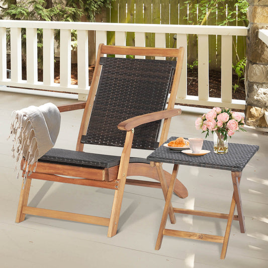 Patio Rattan Folding Lounge Chair, Acacia Wood Table, Brown