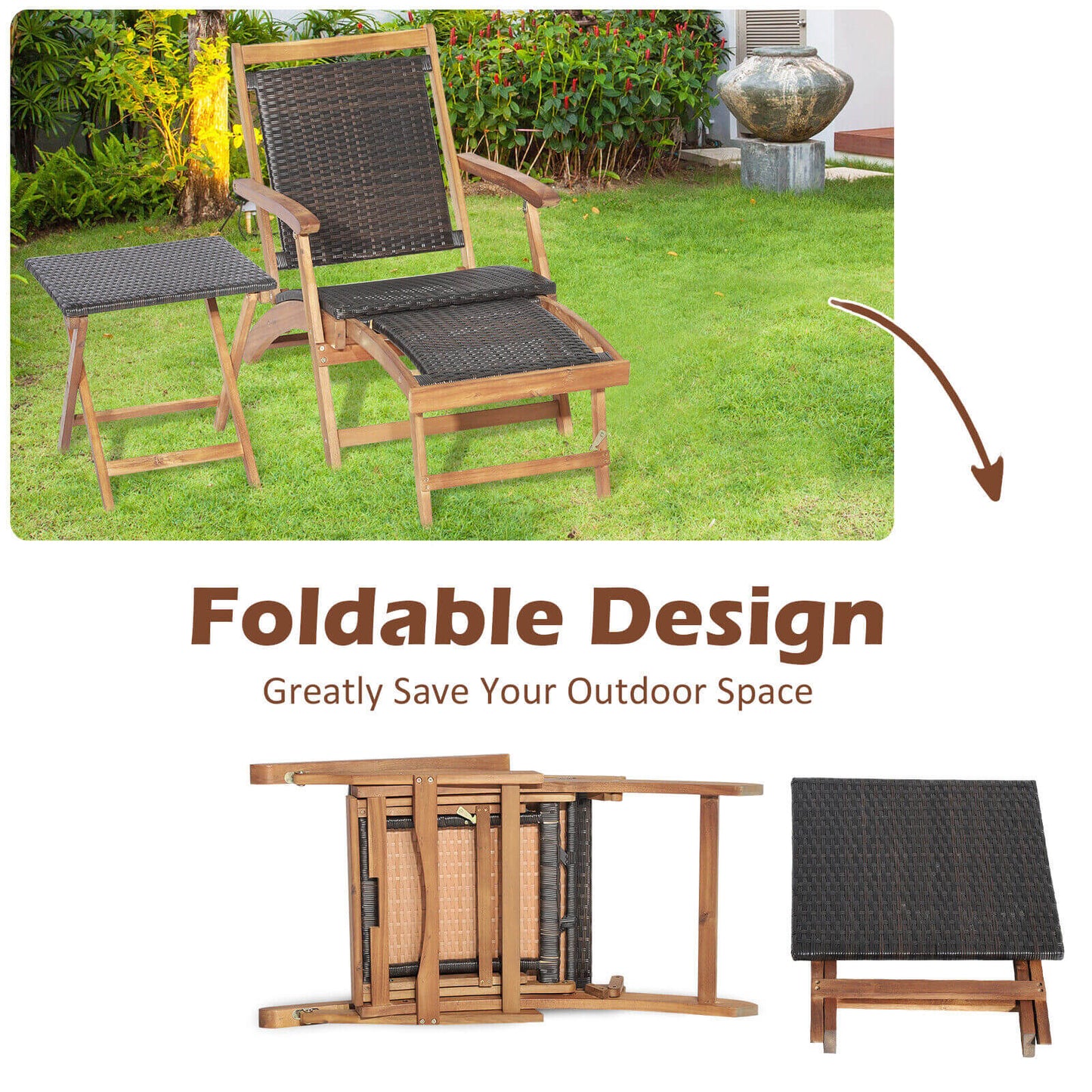 2 Pieces Patio Rattan Folding Lounge Chair with Acacia Wood Table, Brown Outdoor Chaise Lounges at Gallery Canada