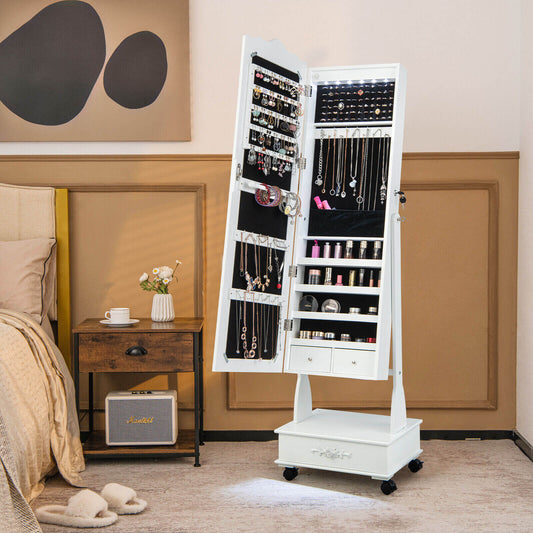 Rolling Floor Standing Mirrored Jewelry Armoire With Lock, Drawers, White Jewelry Armoires White at Gallery Canada