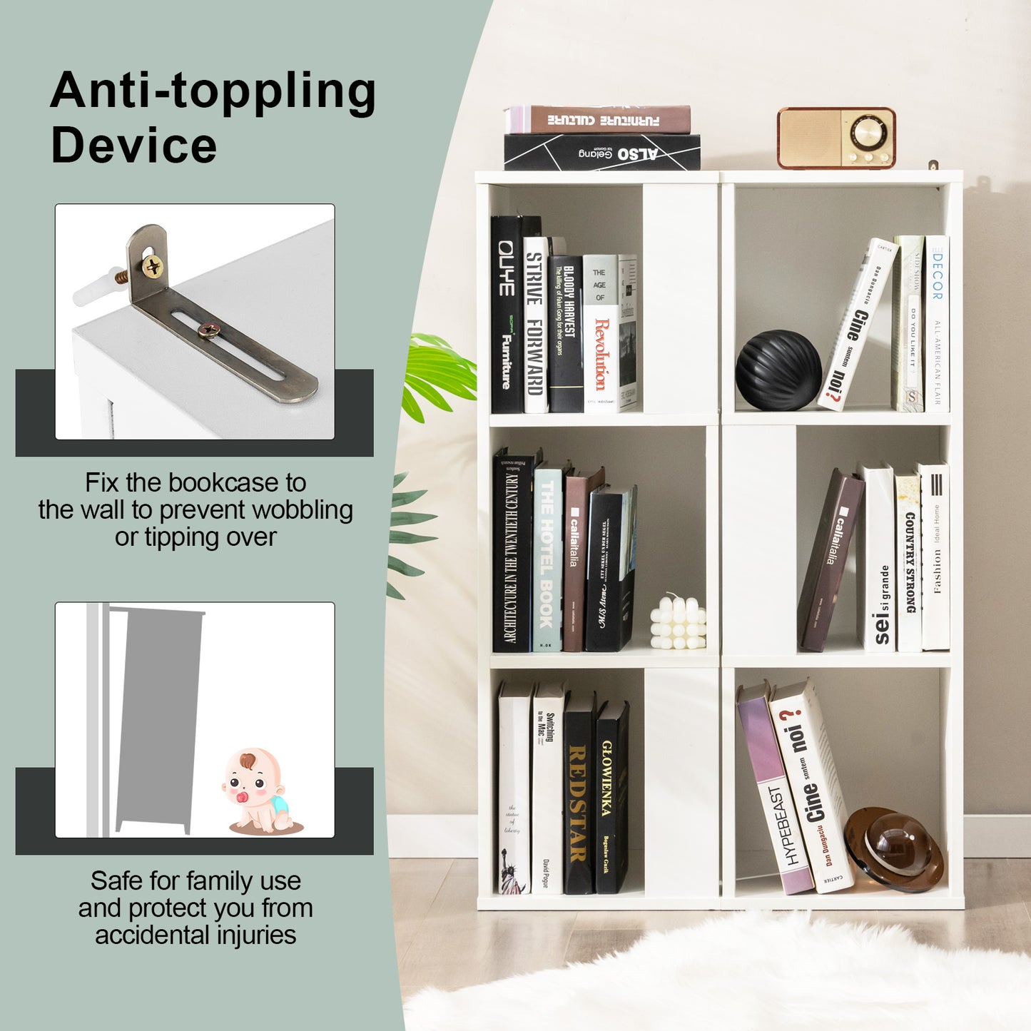 Bibliothèque à 3 niveaux et 6 cubes avec dispositif anti-basculement, blanc
