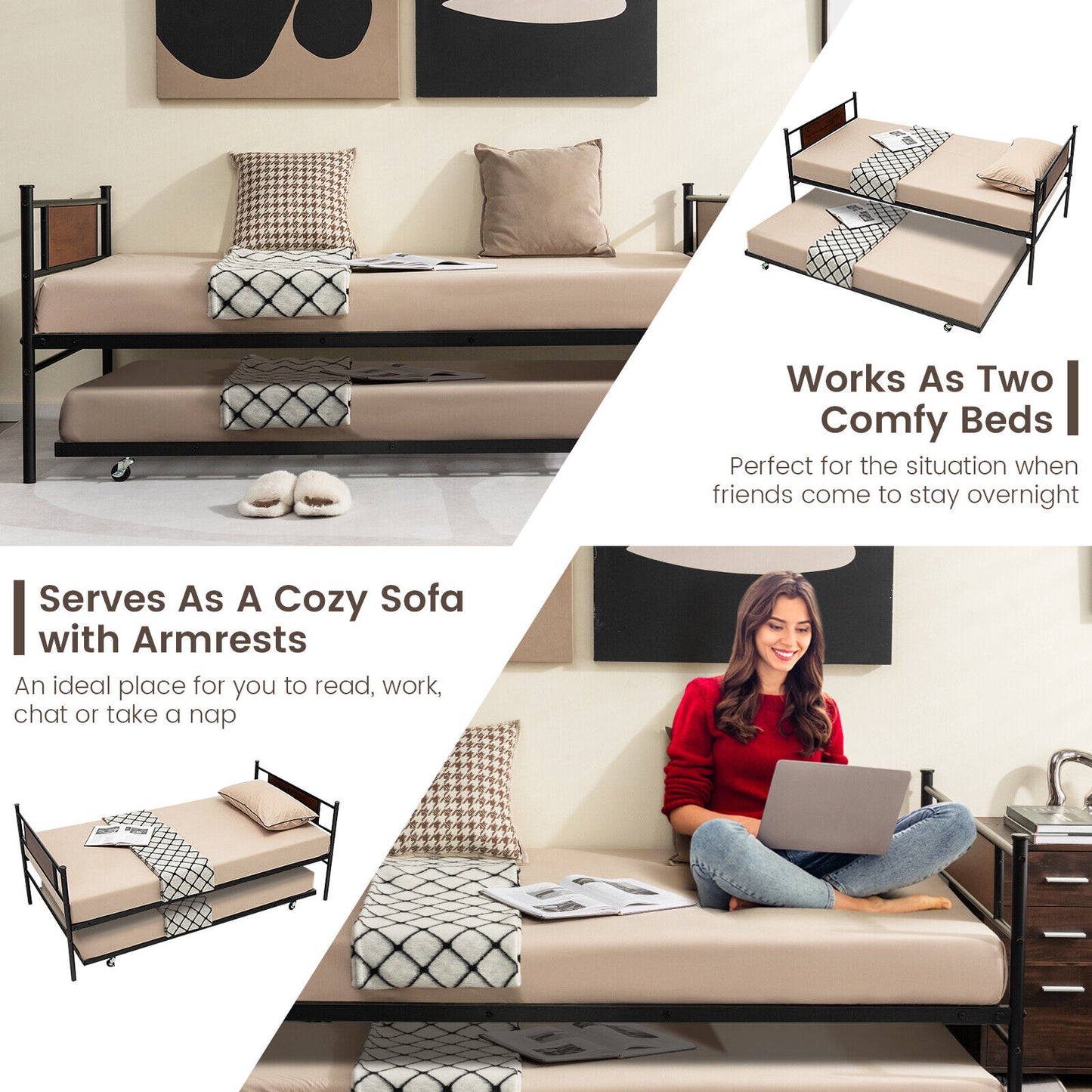 Twin Size 2-In-1 Daybed Frame with Pullout Trundle, Black Trundle Bed Frame at Gallery Canada