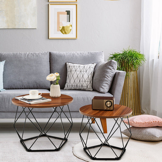 Set of 2 Round Coffee Tables, Pentagonal Base, Rustic Brown Coffee Tables Rustic Brown at Gallery Canada