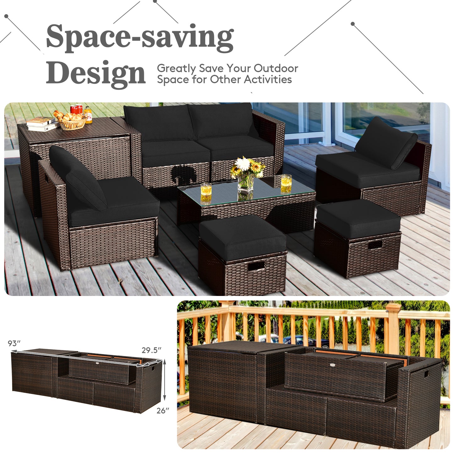 Ensemble de 8 pièces de mobilier de patio en rotin avec boîte de rangement, housse imperméable, noir