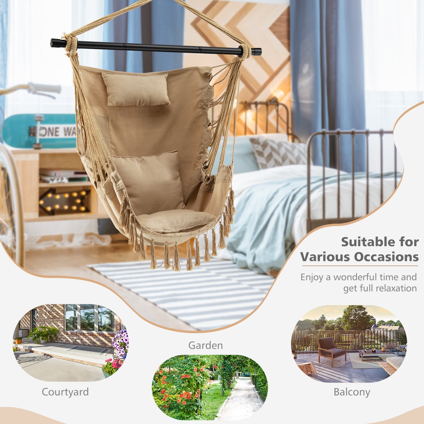 Hanging Rope Swing Chair With Soft Pillow, Beige Hammocks at Gallery Canada