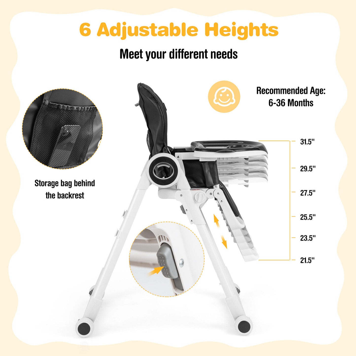 Baby High Chair, Foldable Feeding Chair, 4 Lockable Wheels, Black High Chairs at Gallery Canada