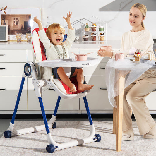 Baby High Chair, Foldable Feeding Chair, 4 Lockable Wheels, Red High Chairs Red at Gallery Canada