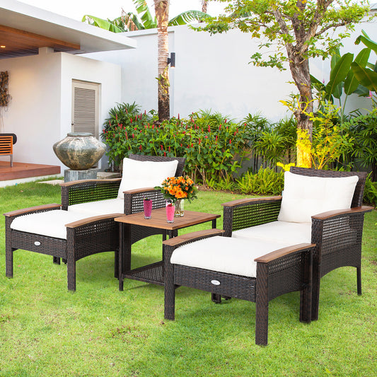 5 Piece Patio Rattan Furniture Set, Acacia Wood Table, White