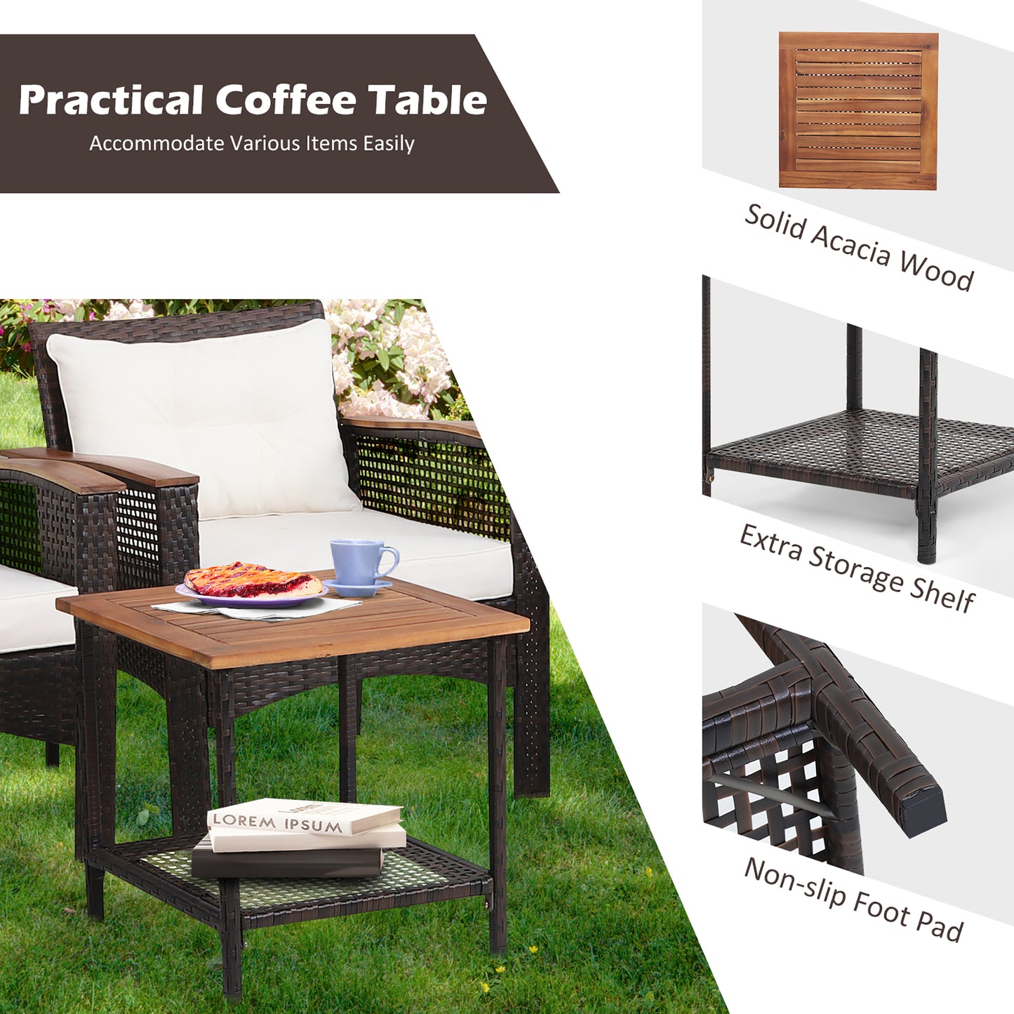 5 Piece Patio Rattan Furniture Set, Acacia Wood Table, White Patio Conversation Sets at Gallery Canada