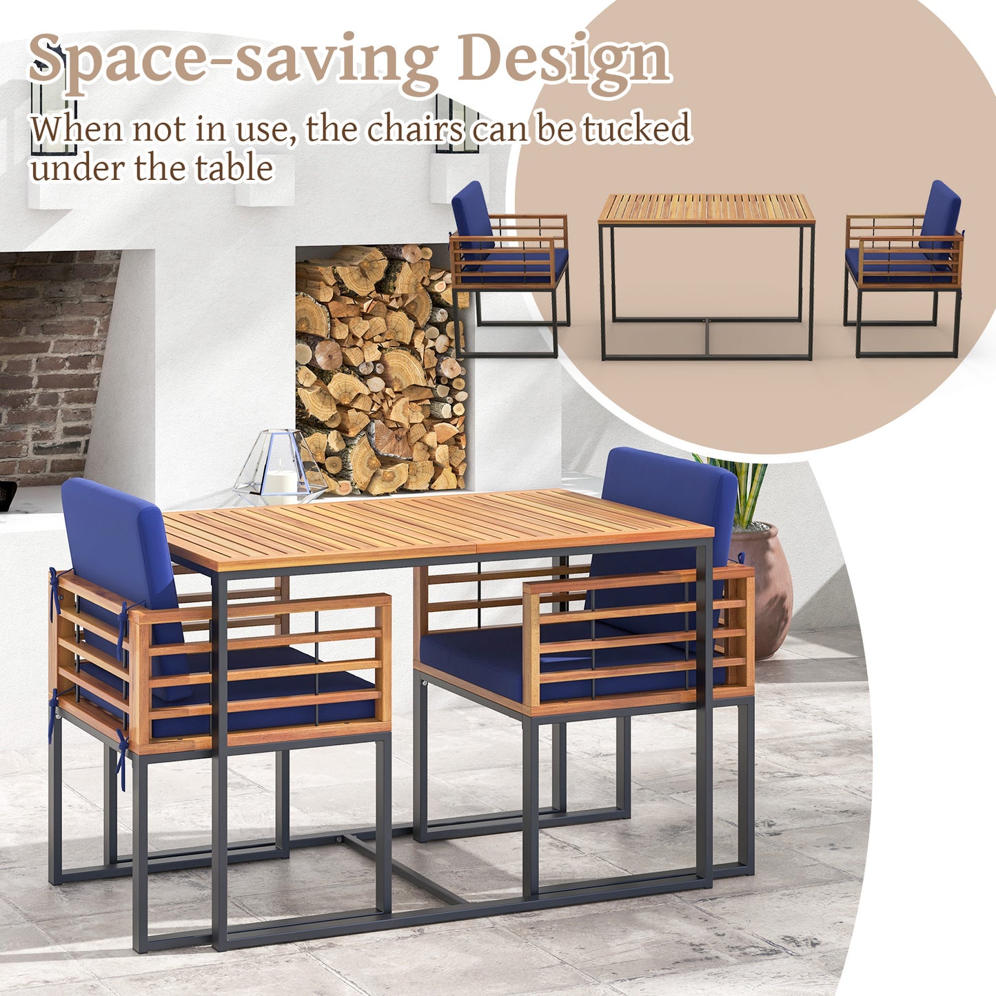 Ensemble de salle à manger extérieur, 2 fauteuils en bois d'acacia, table à manger, marine