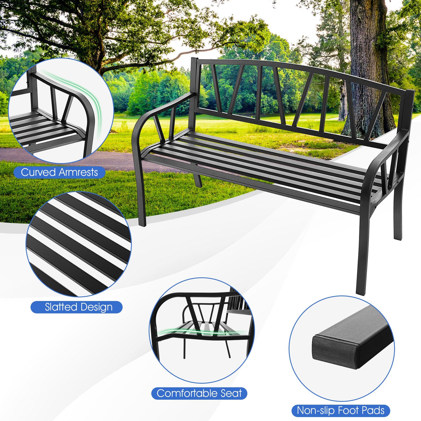 Patio Garden Bench with Metal Frame and Slatted Seat, Black Outdoor Benches at Gallery Canada