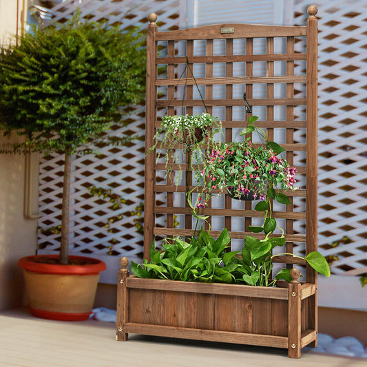 Solid Wood Planter Box With Trellis, Brown