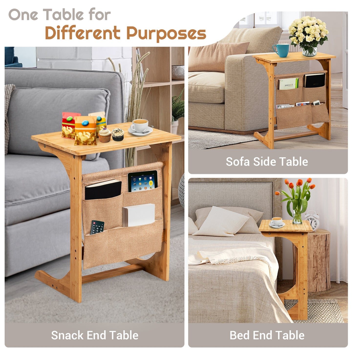 Bamboo Sofa Table, End Table, Bedside Table With Storage Bag, Natural