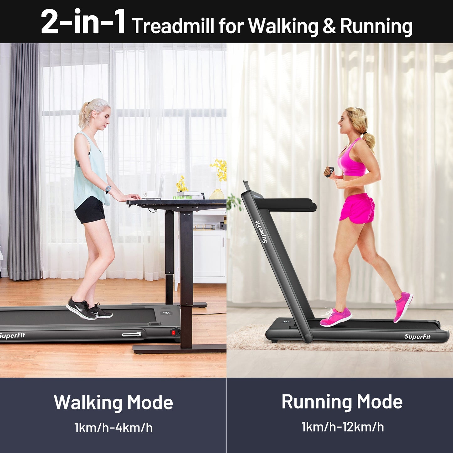 2-in-1 Electric Motorized Folding Treadmill with Dual Display, Black Treadmills at Gallery Canada