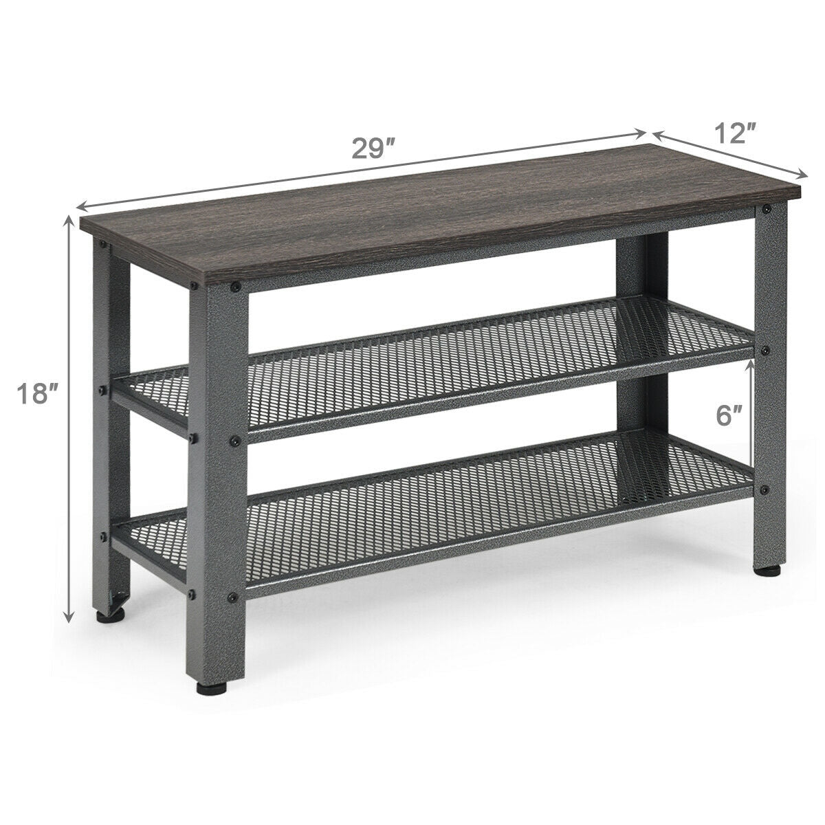 Banc industriel à étagères à chaussures à 3 niveaux, Noir