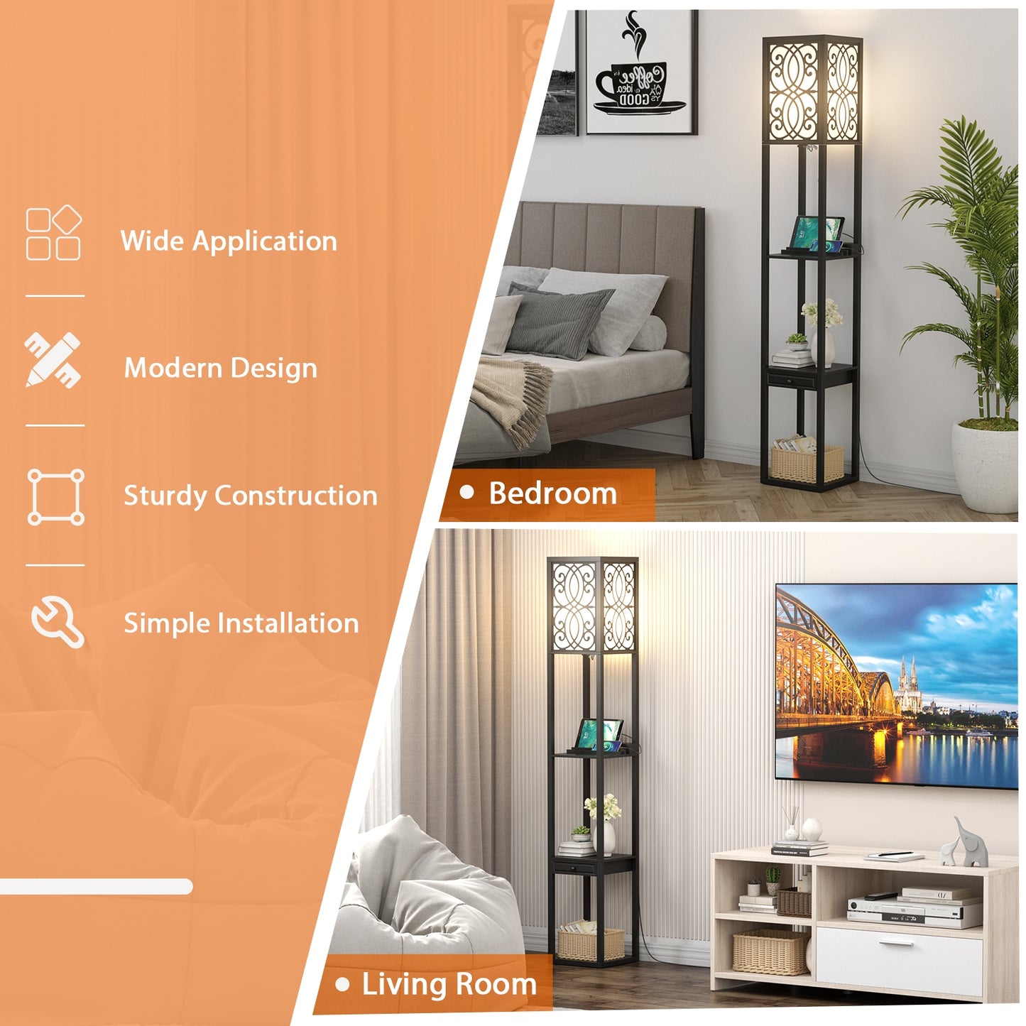 Modern Standing Shelf Lamp, 1 Outlet 2 USB Ports, Black Table & Floor Lamps at Gallery Canada
