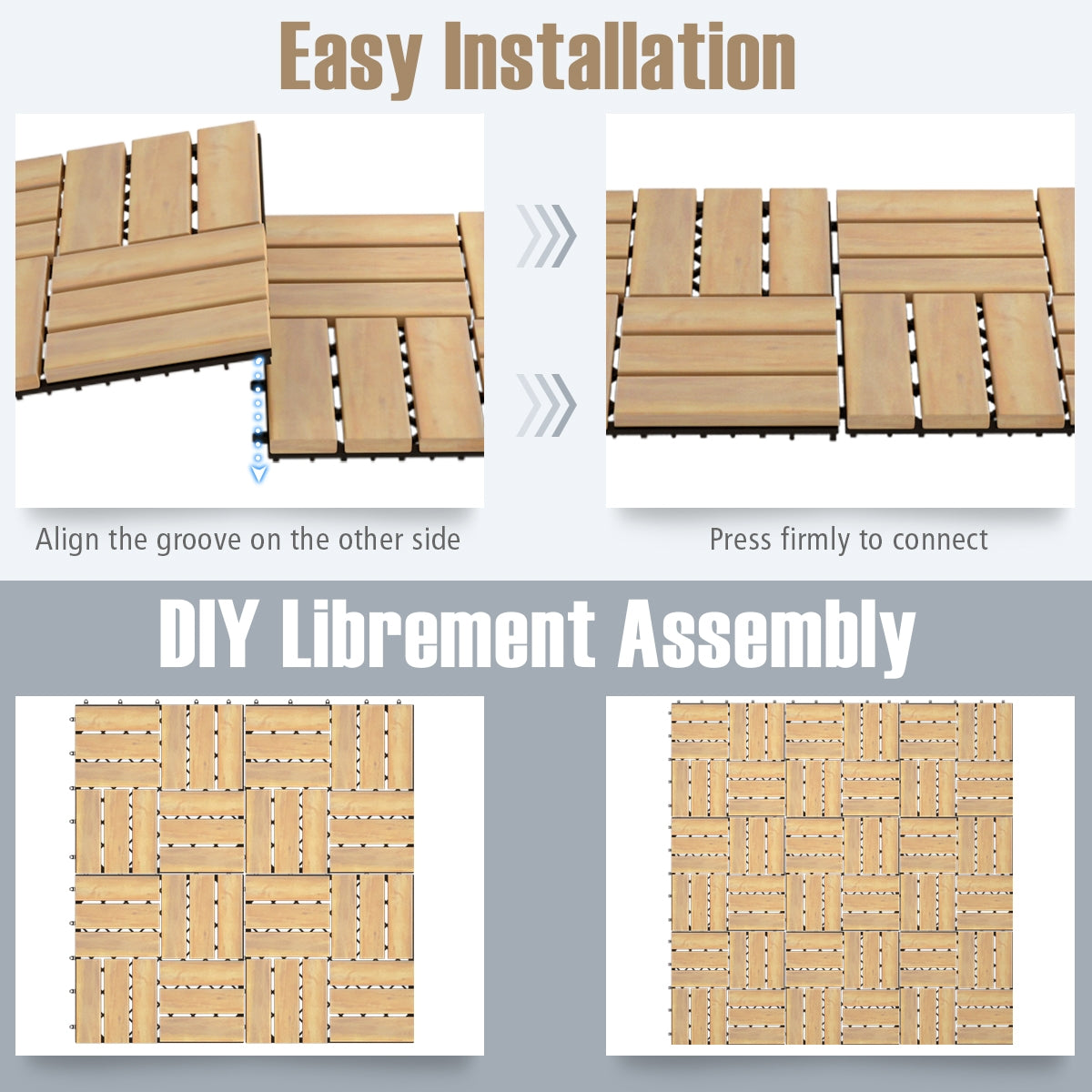 12 x 12 Inch Acacia Wood Interlocking Deck Tiles, 10 Pieces, Brown Decorative Fencing & Flooring at Gallery Canada