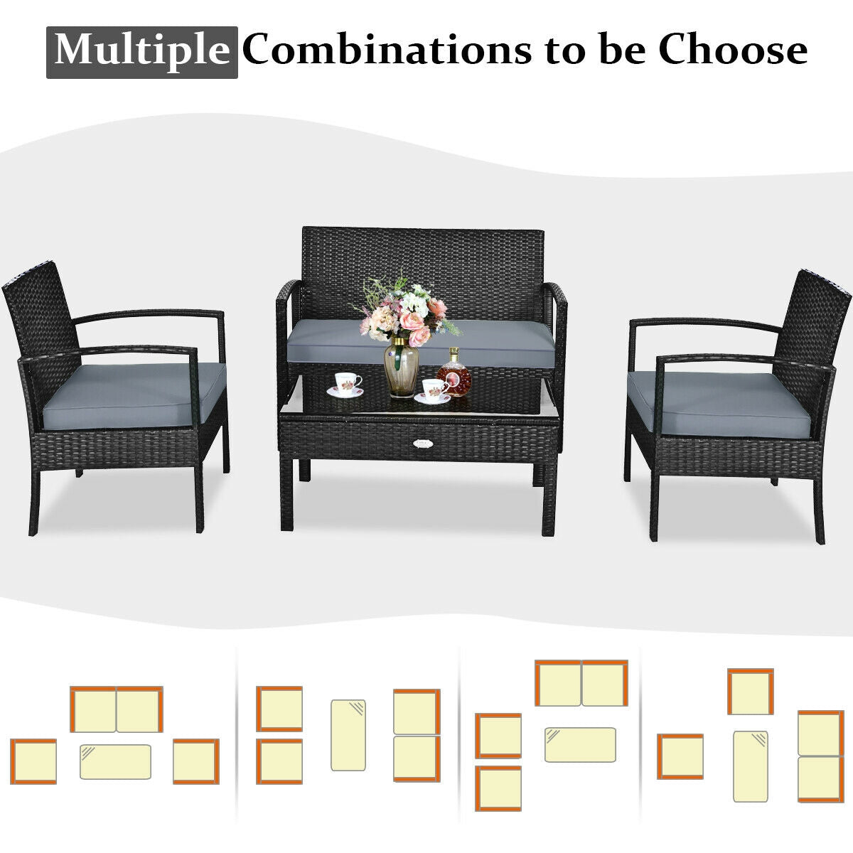 Patio Rattan Cushioned Furniture Set, 4 Pieces, Gray Patio Conversation Sets at Gallery Canada