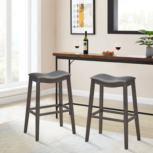 Set of 2 Backless Wood Barstools, 29 Inch, PVC Leather Seat, Gray