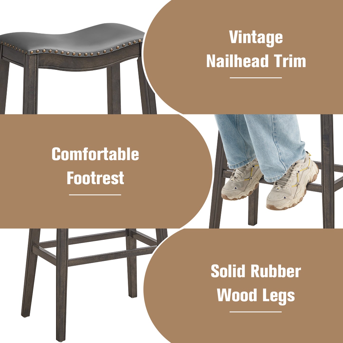 29 Inch Set of 2 Backless Wood Nailhead Barstools with PVC Leather Seat, Gray Bar Stools at Gallery Canada