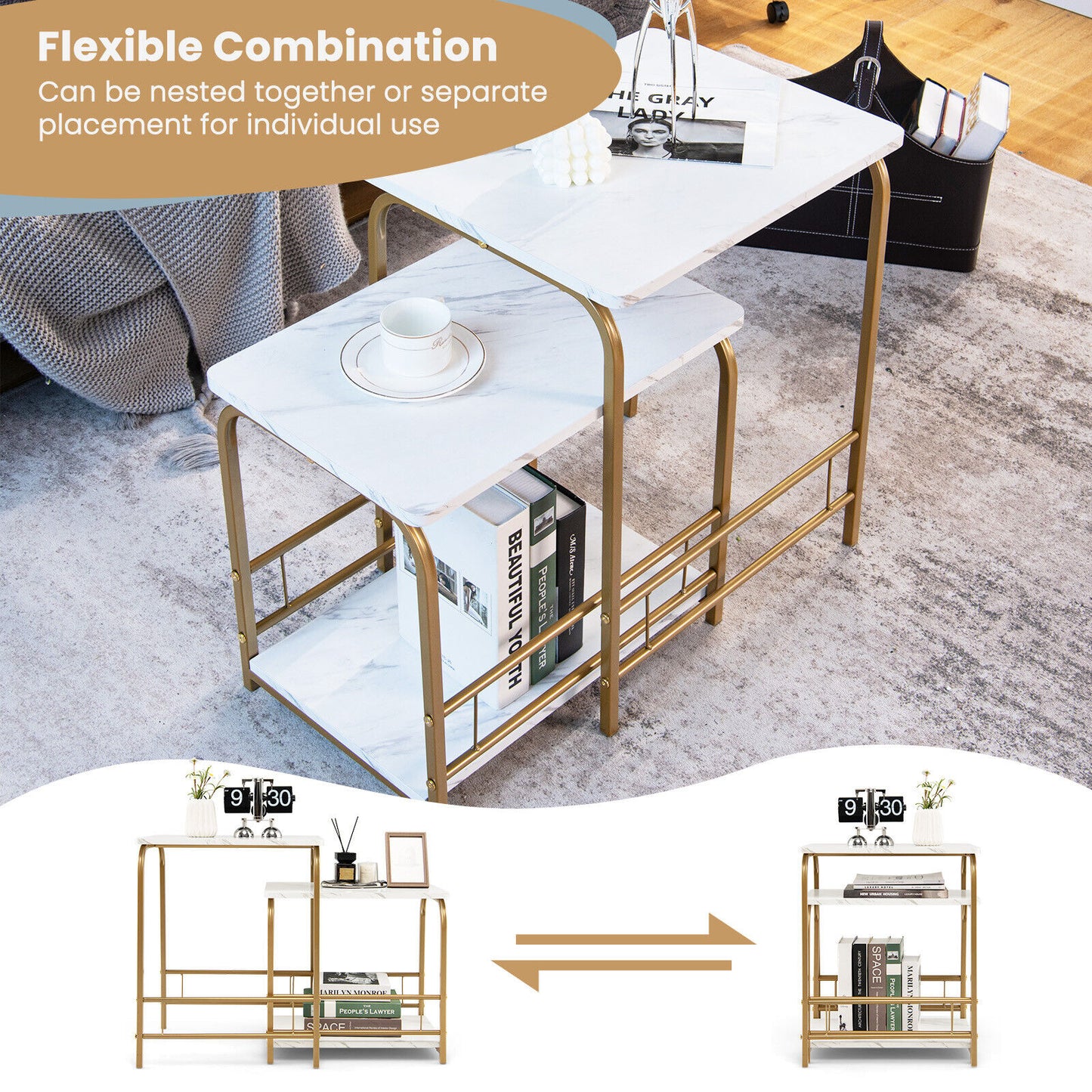 Faux Marble Nesting Tables, 2-Piece Set, White