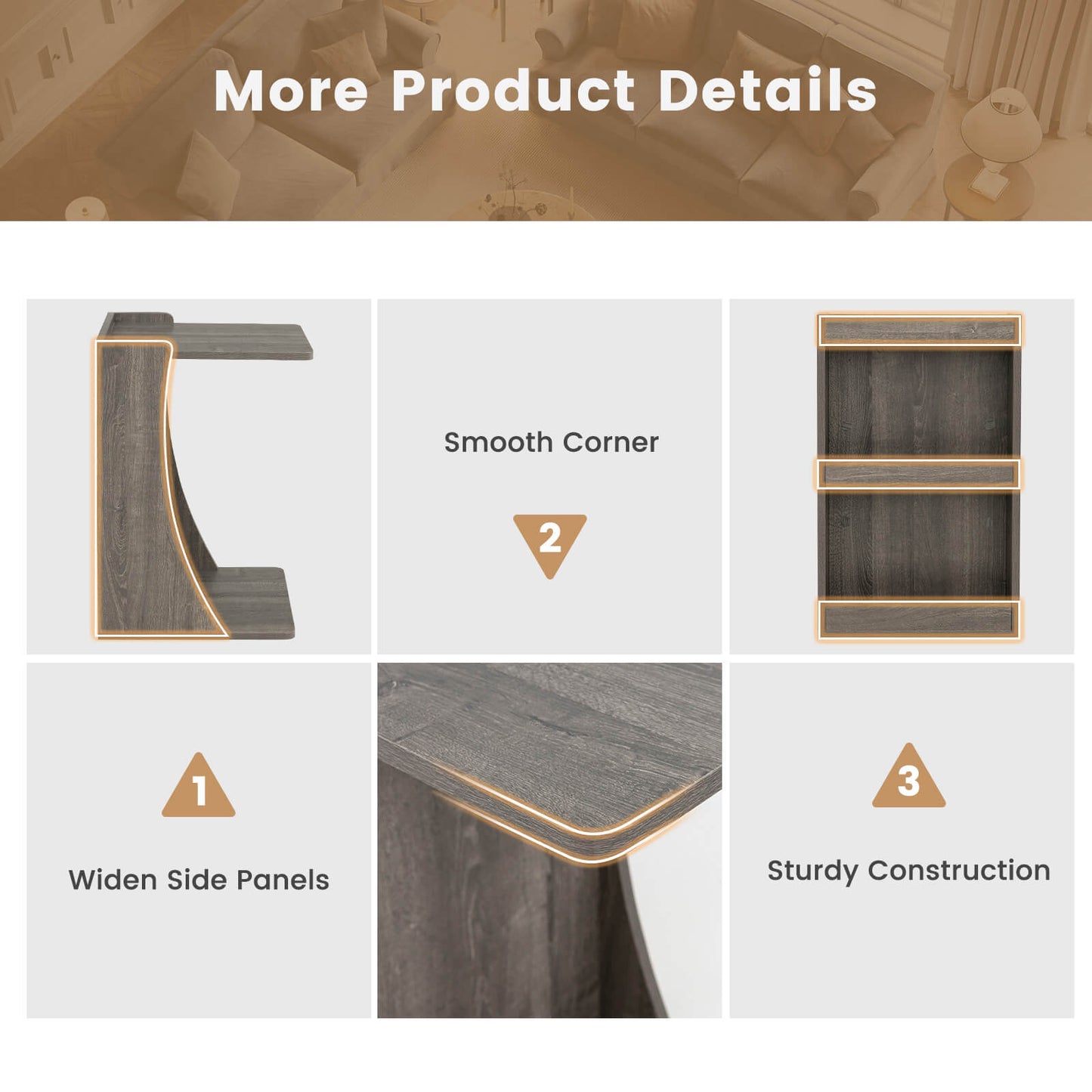 C-shaped Rolling End Side with Back Storage Shelves beside Sofa, Gray End & Side Tables at Gallery Canada